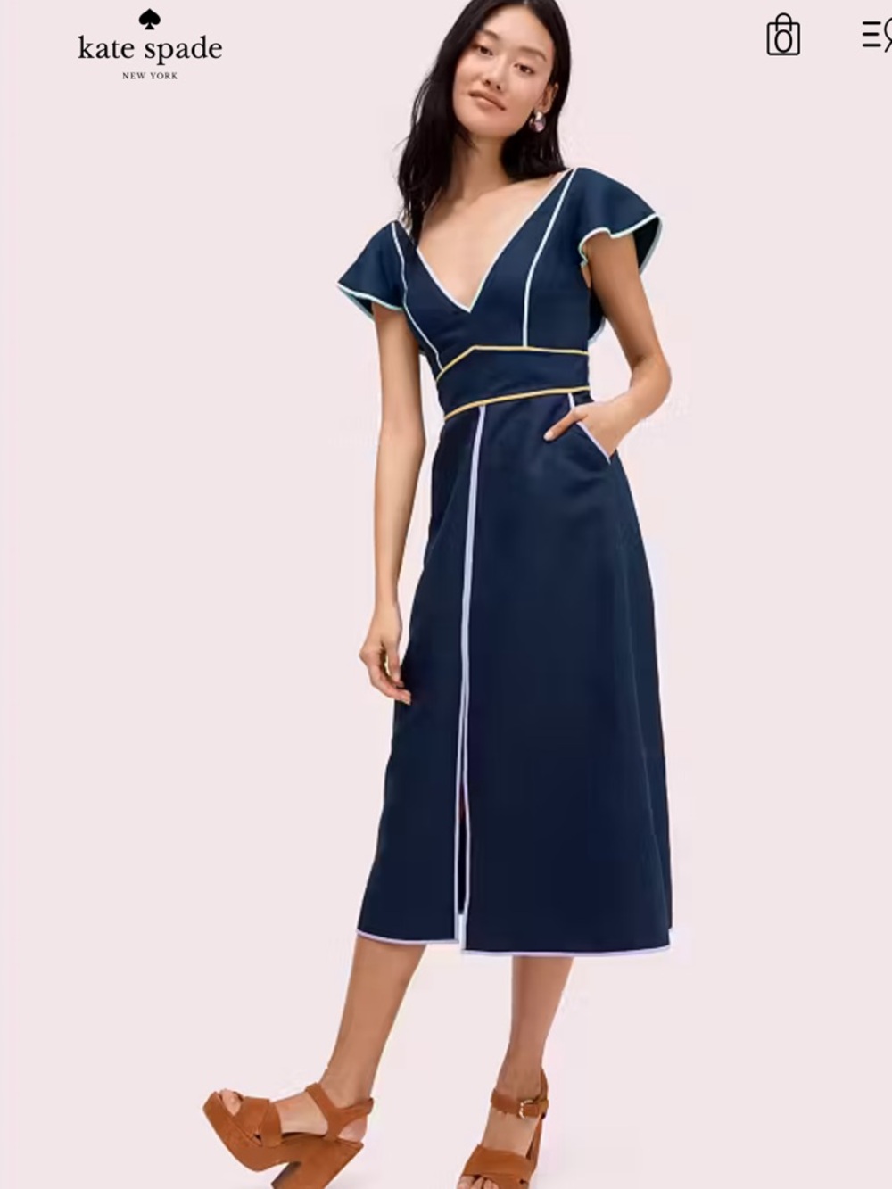 Kate Spade Silk Linen Contrast Trim Dress Blue 8 Spring Summer Midi Pockets